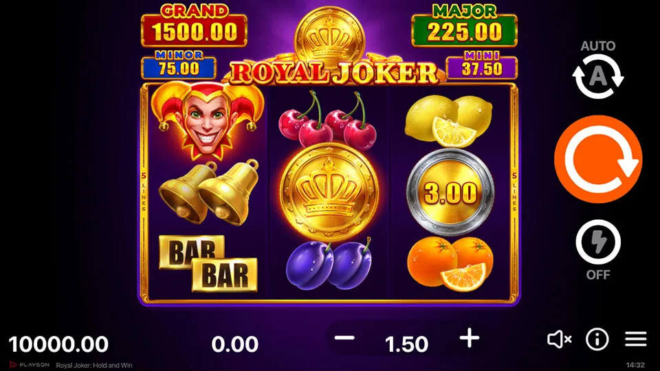 Royal Joker: Hold and Win Kolorowy automat Royal Joker z jokerem, monetami i owocami